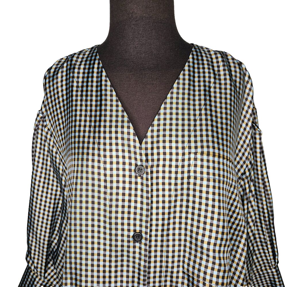 No. 6 Store 100% Silk Turin Top Blouse Large Gingham Check 3/4 Sleeve Button Up - Picture 3 of 9